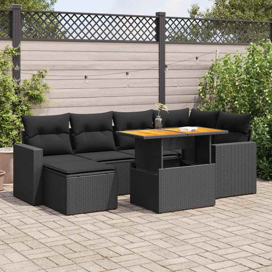 7-tlg. Garten-Sofagarnitur mit Kissen Schwarz Poly Rattan