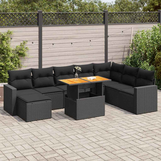 9-tlg. Garten-Sofagarnitur mit Kissen Schwarz Poly Rattan