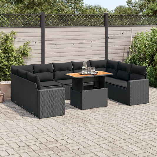 10-tlg. Garten-Sofagarnitur mit Kissen Schwarz Poly Rattan