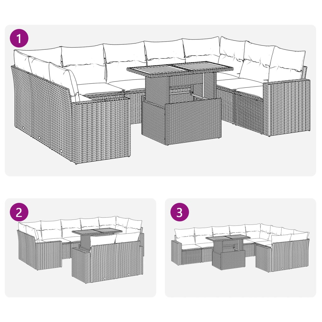 10-tlg. Garten-Sofagarnitur mit Kissen Schwarz Poly Rattan