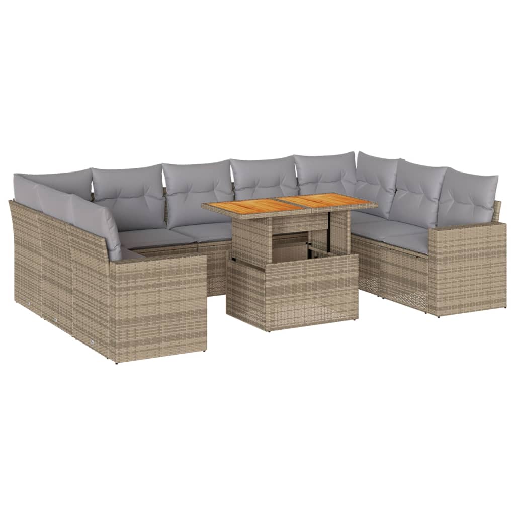 10-tlg. Garten-Sofagarnitur mit Kissen Beige Poly Rattan