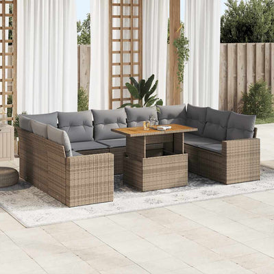 10-tlg. Garten-Sofagarnitur mit Kissen Beige Poly Rattan