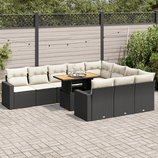 11-tlg. Garten-Sofagarnitur mit Kissen Schwarz Poly Rattan