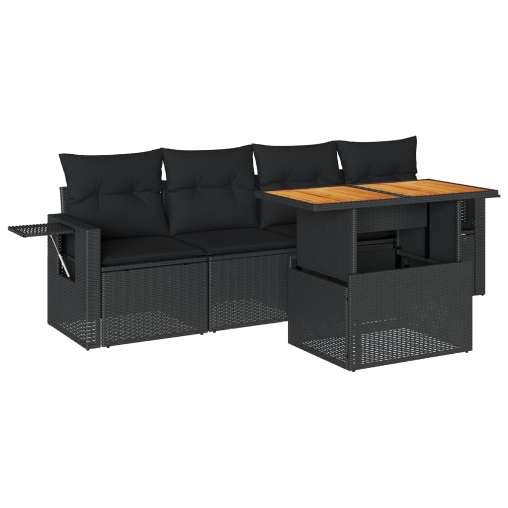 5-tlg. Garten-Sofagarnitur mit Kissen Schwarz Poly Rattan