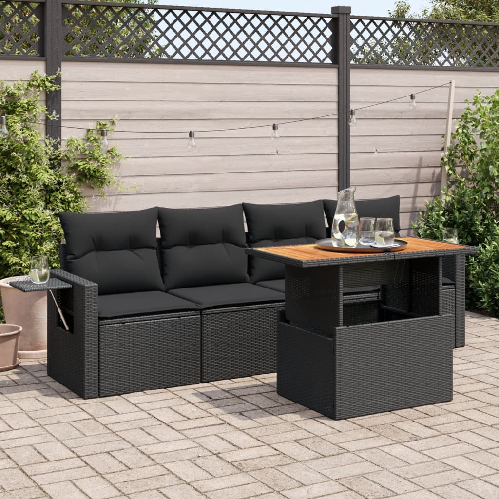 5-tlg. Garten-Sofagarnitur mit Kissen Schwarz Poly Rattan