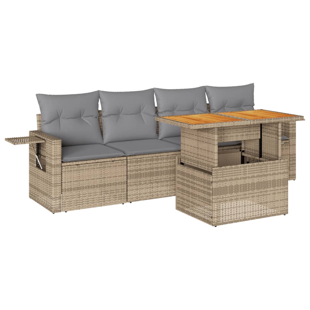 5-tlg. Garten-Sofagarnitur mit Kissen Beige Poly Rattan