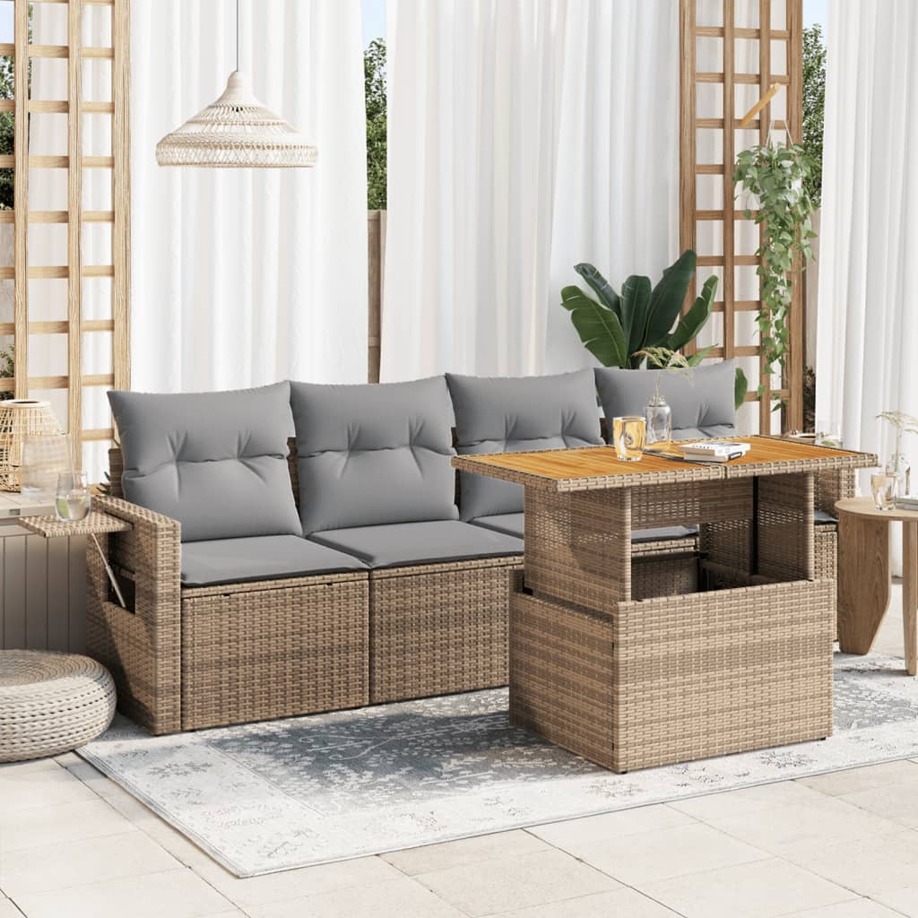 5-tlg. Garten-Sofagarnitur mit Kissen Beige Poly Rattan