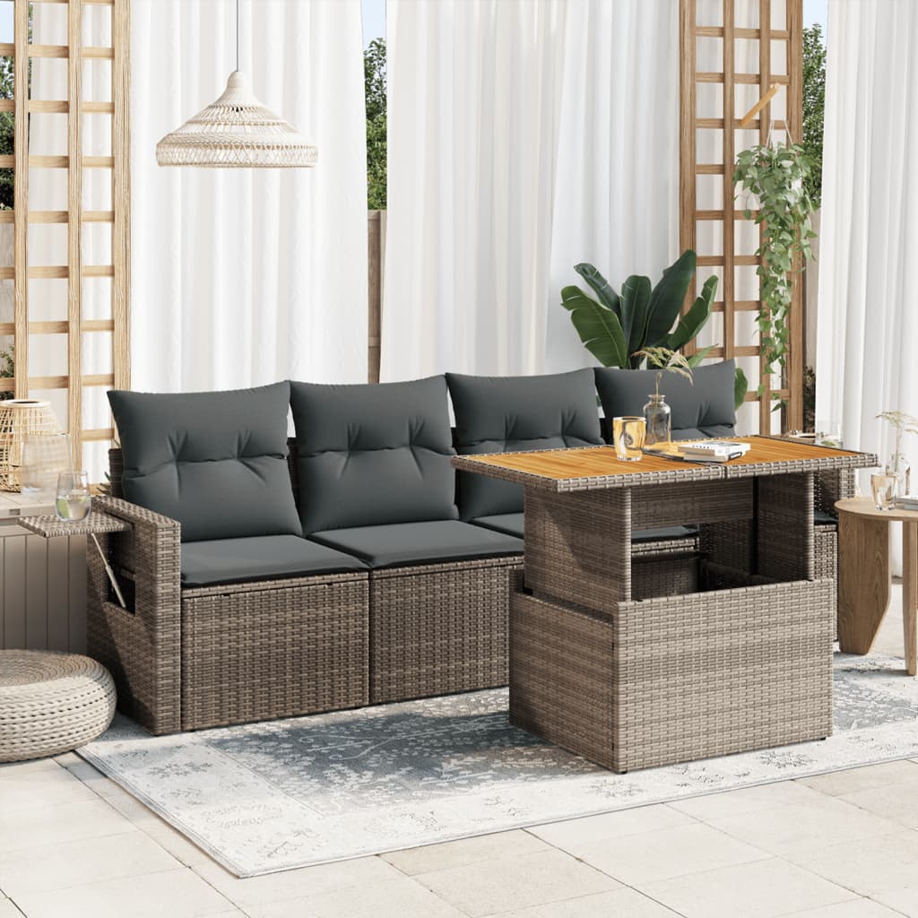 5-tlg. Garten-Sofagarnitur mit Kissen Grau Poly Rattan