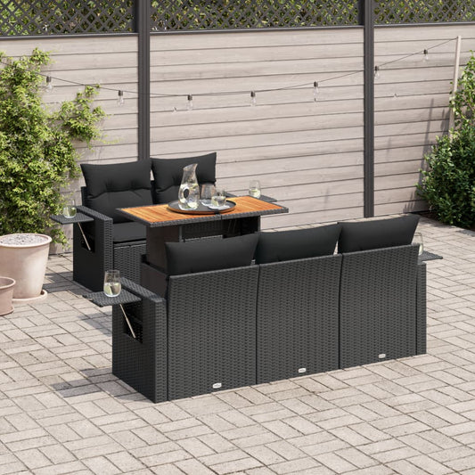 6-tlg. Garten-Sofagarnitur mit Kissen Schwarz Poly Rattan