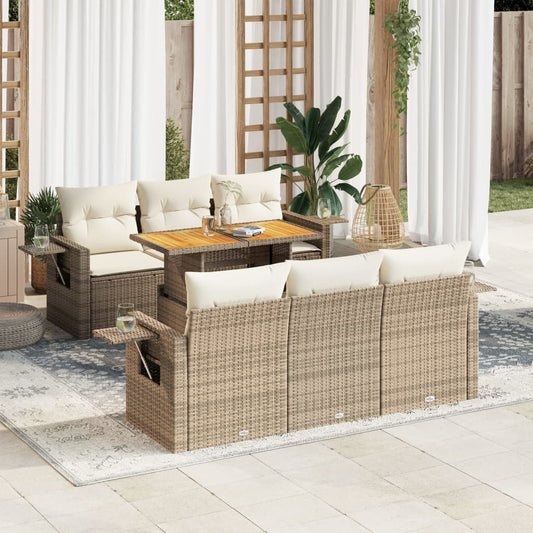 7-tlg. Garten-Sofagarnitur mit Kissen Beige Poly Rattan