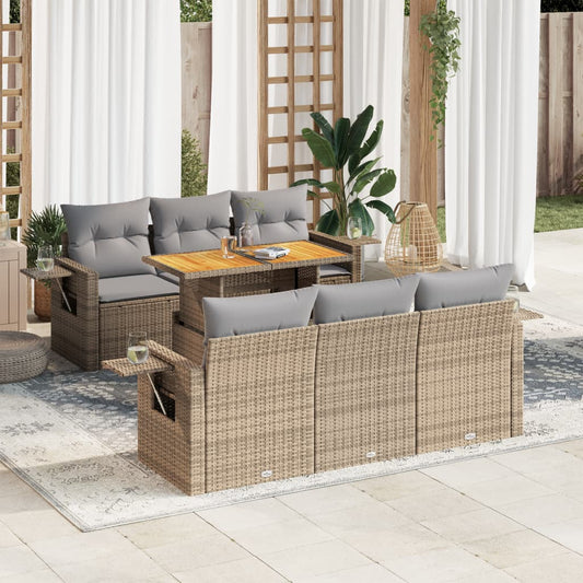 7-tlg. Garten-Sofagarnitur mit Kissen Beige Poly Rattan