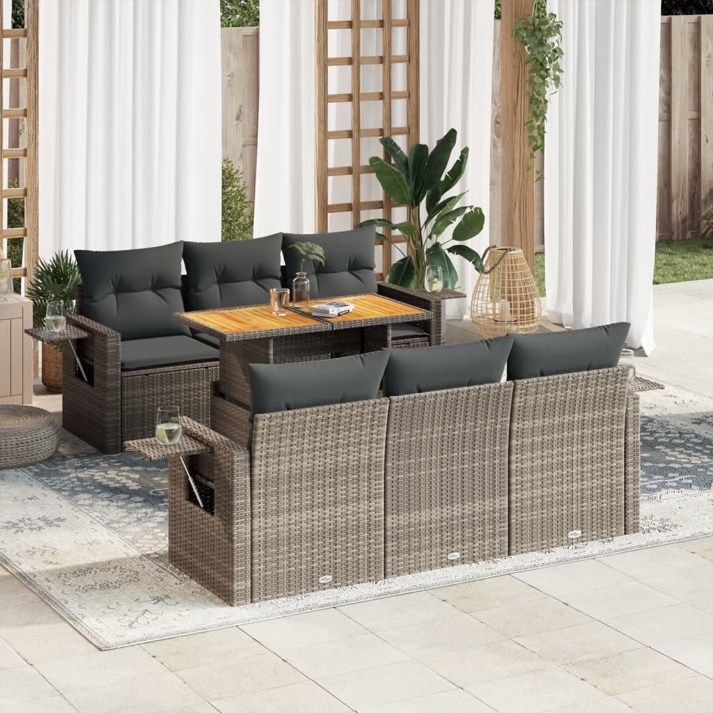 7-tlg. Garten-Sofagarnitur mit Kissen Grau Poly Rattan