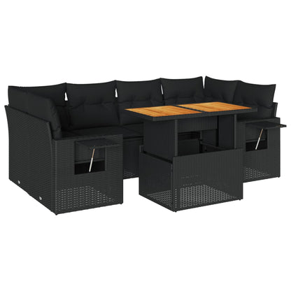 7-tlg. Garten-Sofagarnitur mit Kissen Schwarz Poly Rattan