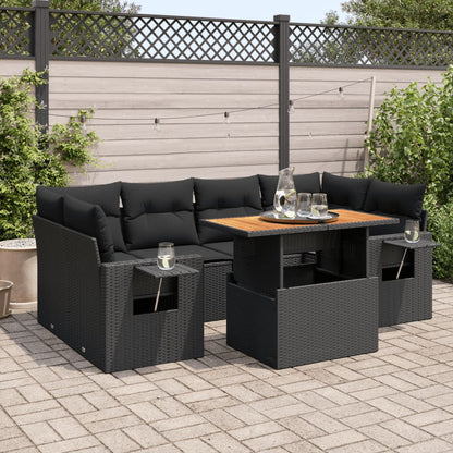 7-tlg. Garten-Sofagarnitur mit Kissen Schwarz Poly Rattan