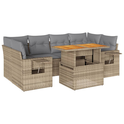 7-tlg. Garten-Sofagarnitur mit Kissen Beige Poly Rattan