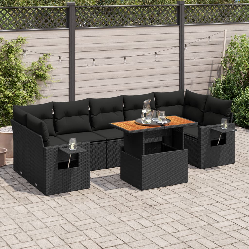 8-tlg. Garten-Sofagarnitur mit Kissen Schwarz Poly Rattan