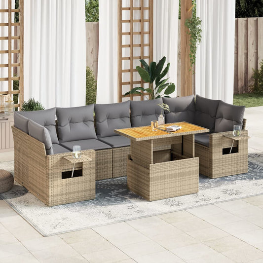 8-tlg. Garten-Sofagarnitur mit Kissen Beige Poly Rattan