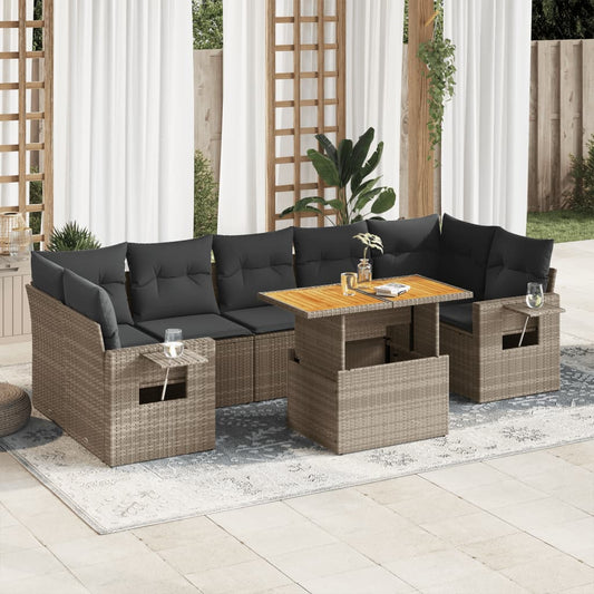 8-tlg. Garten-Sofagarnitur mit Kissen Grau Poly Rattan