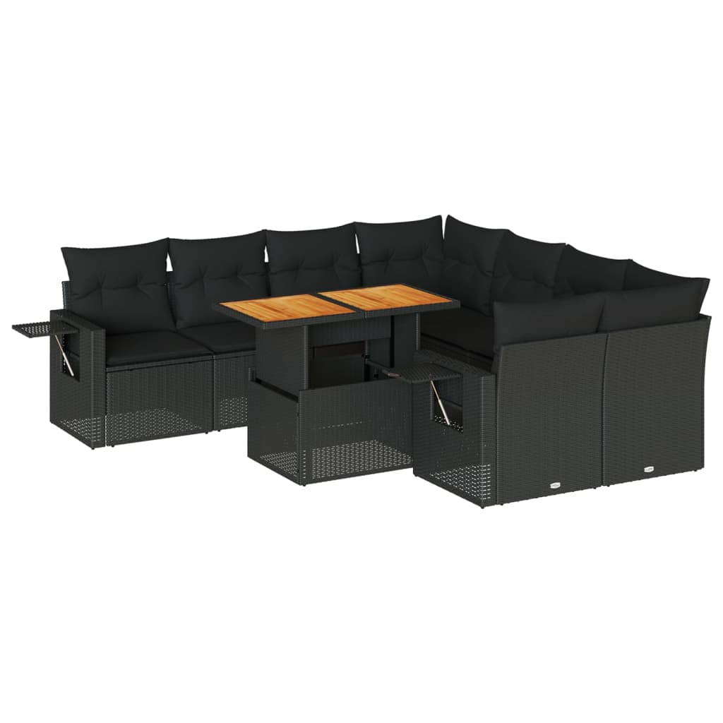 9-tlg. Garten-Sofagarnitur mit Kissen Schwarz Poly Rattan