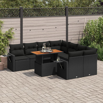 9-tlg. Garten-Sofagarnitur mit Kissen Schwarz Poly Rattan