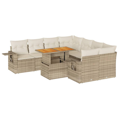 9-tlg. Garten-Sofagarnitur mit Kissen Beige Poly Rattan