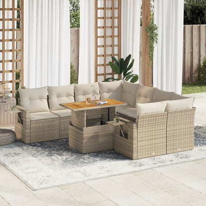 9-tlg. Garten-Sofagarnitur mit Kissen Beige Poly Rattan