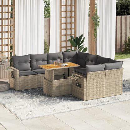 9-tlg. Garten-Sofagarnitur mit Kissen Beige Poly Rattan