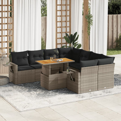 9-tlg. Garten-Sofagarnitur mit Kissen Grau Poly Rattan