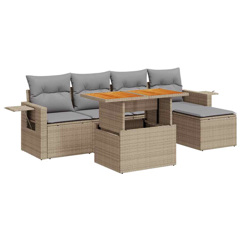 6-tlg. Garten-Sofagarnitur mit Kissen Beige Poly Rattan