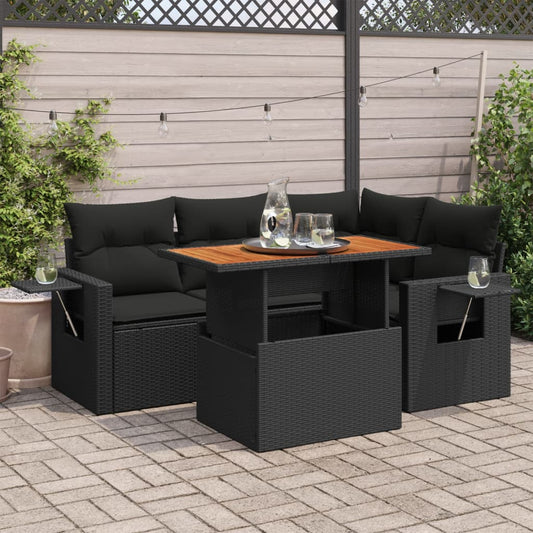 5-tlg. Garten-Sofagarnitur mit Kissen Schwarz Poly Rattan