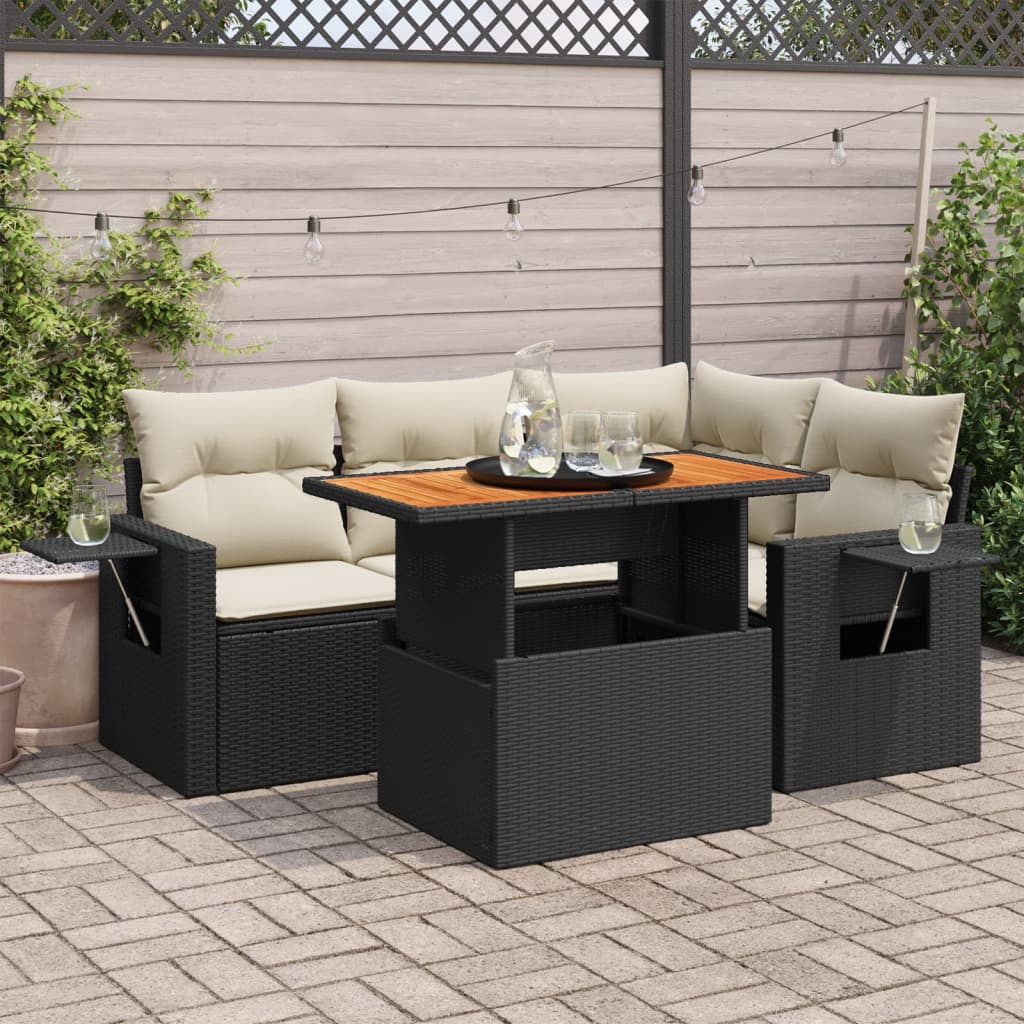 5-tlg. Garten-Sofagarnitur mit Kissen Schwarz Poly Rattan