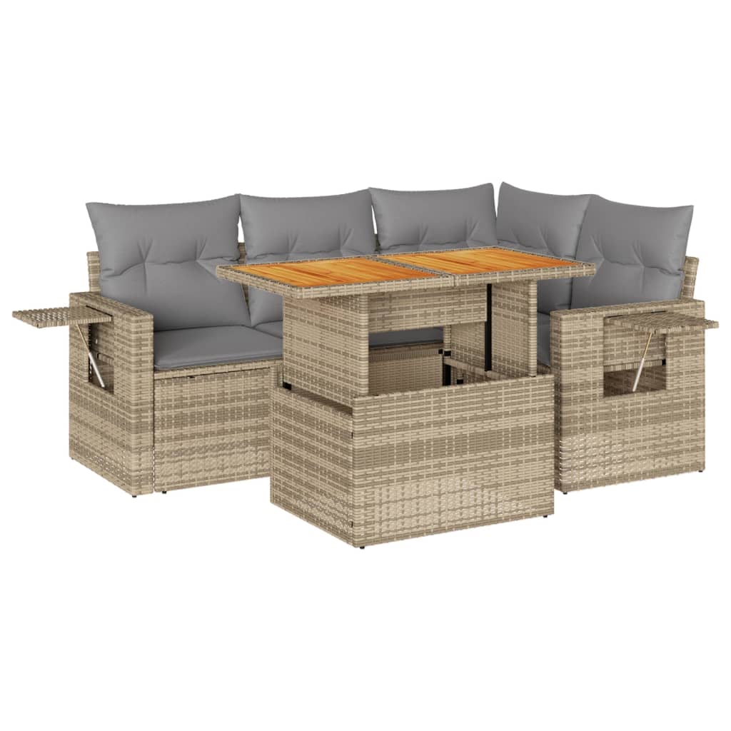 5-tlg. Garten-Sofagarnitur mit Kissen Beige Poly Rattan