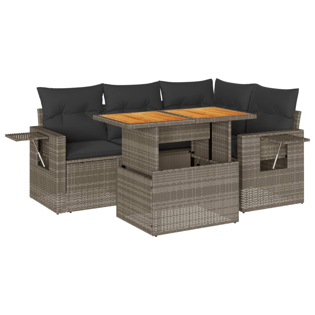 5-tlg. Garten-Sofagarnitur mit Kissen Grau Poly Rattan