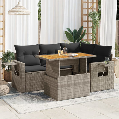 5-tlg. Garten-Sofagarnitur mit Kissen Grau Poly Rattan