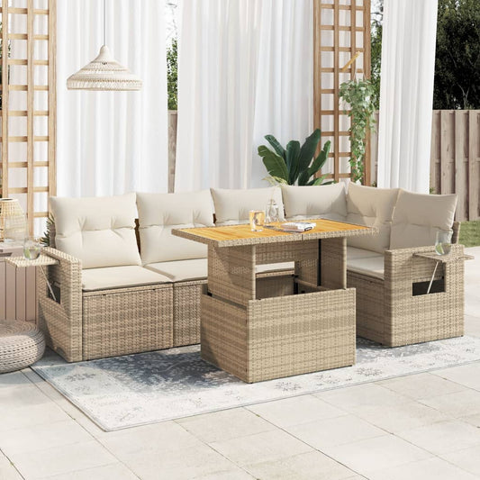 6-tlg. Garten-Sofagarnitur mit Kissen Beige Poly Rattan