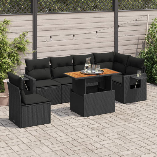 7-tlg. Garten-Sofagarnitur mit Kissen Schwarz Poly Rattan