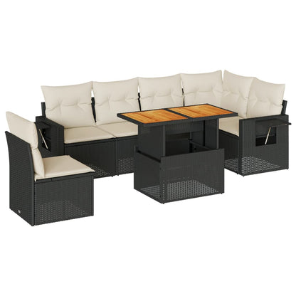 7-tlg. Garten-Sofagarnitur mit Kissen Schwarz Poly Rattan