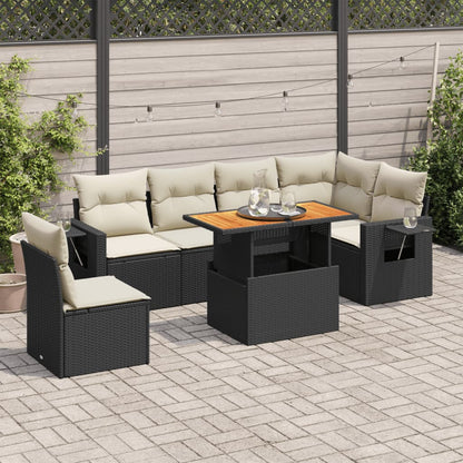 7-tlg. Garten-Sofagarnitur mit Kissen Schwarz Poly Rattan