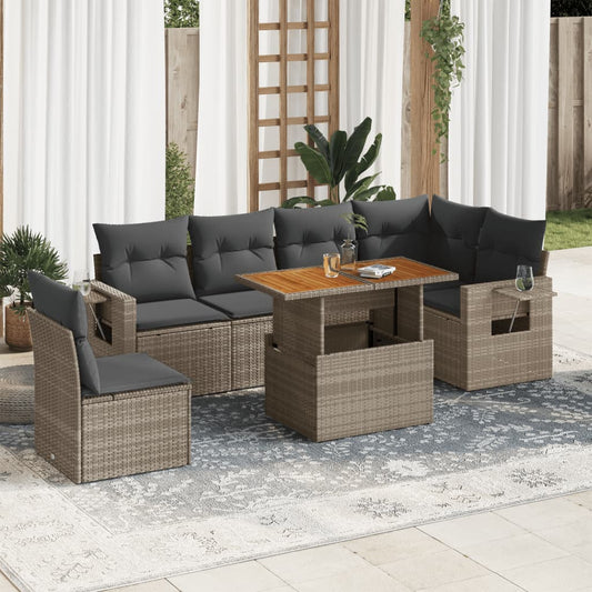 7-tlg. Garten-Sofagarnitur mit Kissen Grau Poly Rattan