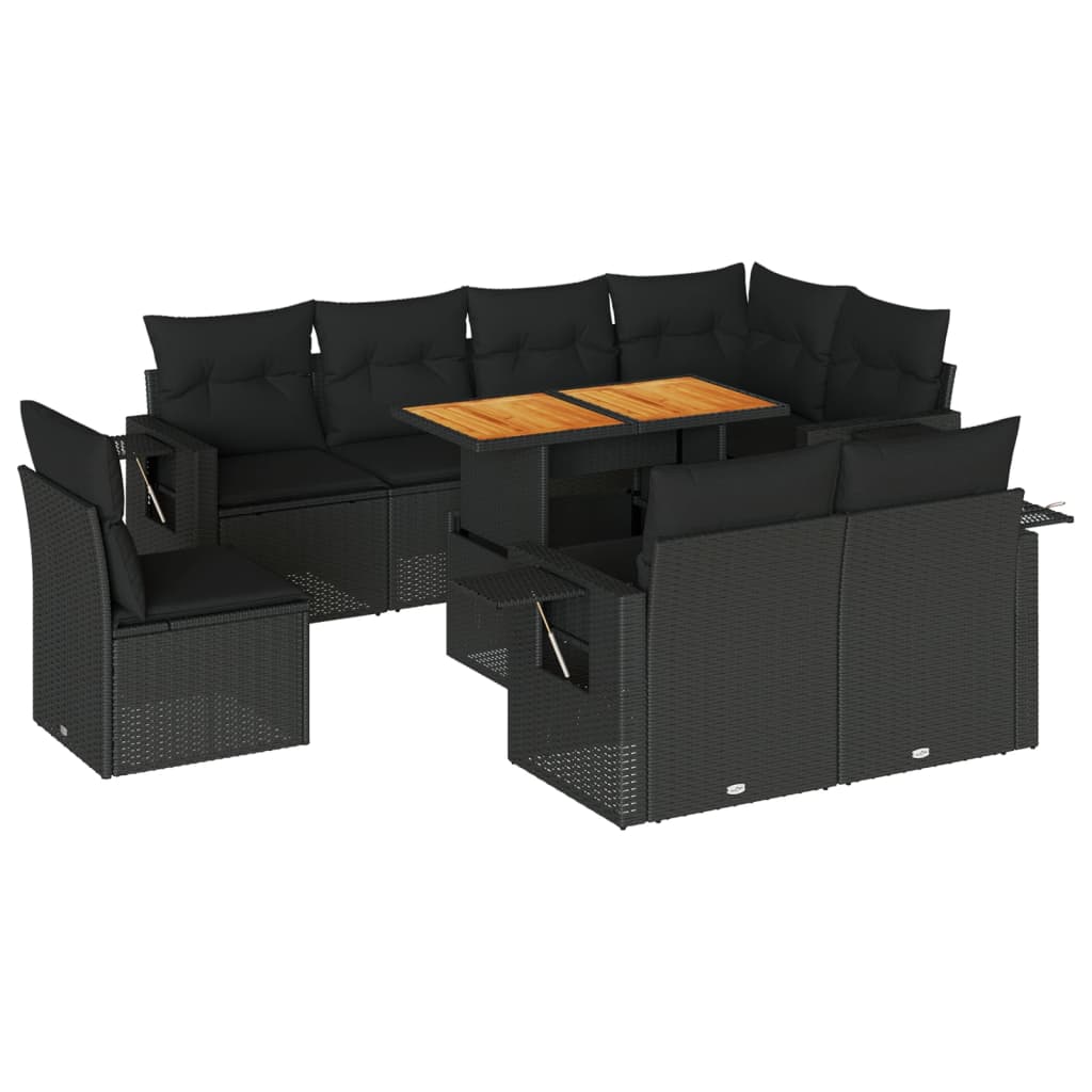 9-tlg. Garten-Sofagarnitur mit Kissen Schwarz Poly Rattan