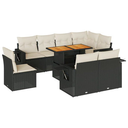 9-tlg. Garten-Sofagarnitur mit Kissen Schwarz Poly Rattan