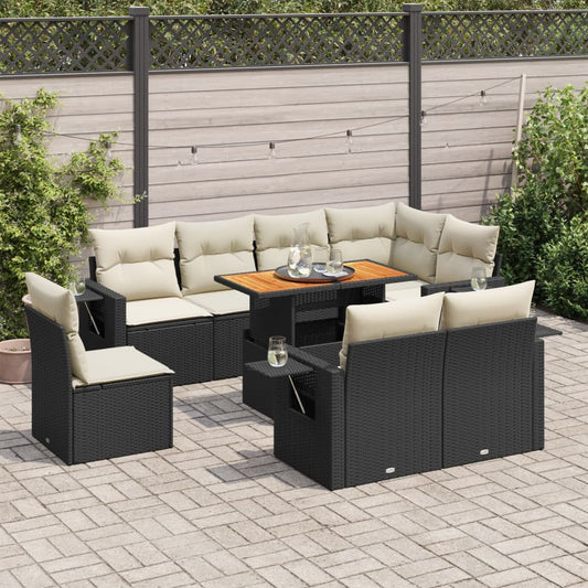 9-tlg. Garten-Sofagarnitur mit Kissen Schwarz Poly Rattan