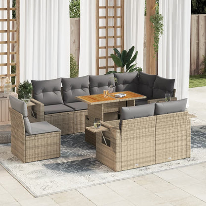 9-tlg. Garten-Sofagarnitur mit Kissen Beige Poly Rattan