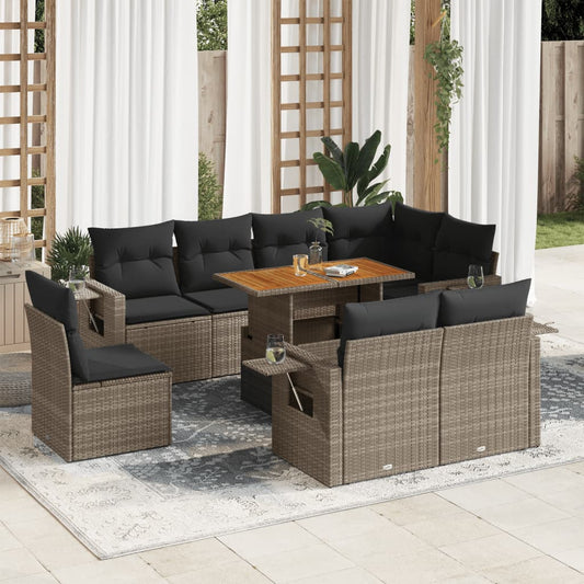 9-tlg. Garten-Sofagarnitur mit Kissen Grau Poly Rattan