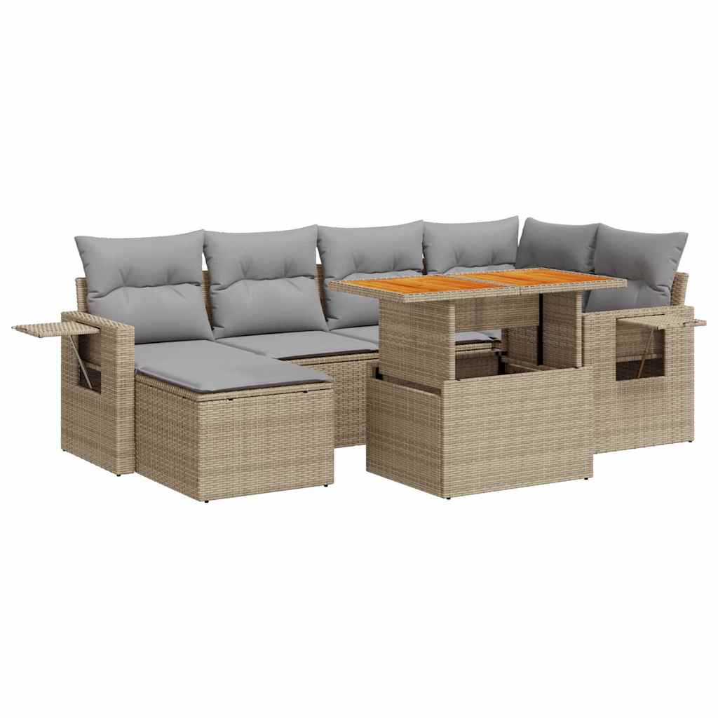 7-tlg. Garten-Sofagarnitur mit Kissen Beige Poly Rattan