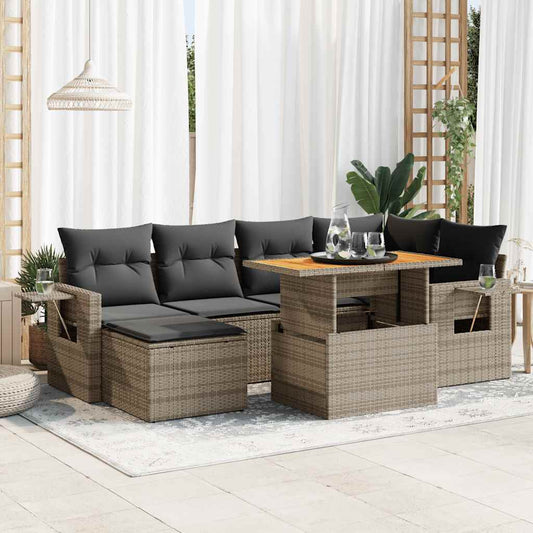 7-tlg. Garten-Sofagarnitur mit Kissen Grau Poly Rattan