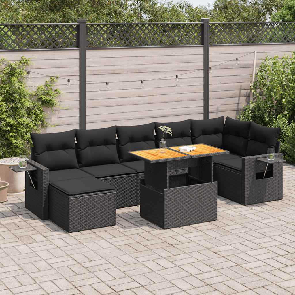 8-tlg. Garten-Sofagarnitur mit Kissen Schwarz Poly Rattan