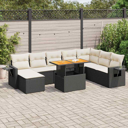 9-tlg. Garten-Sofagarnitur mit Kissen Schwarz Poly Rattan