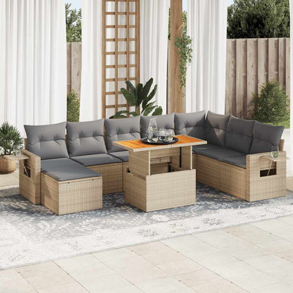 9-tlg. Garten-Sofagarnitur mit Kissen Beige Poly Rattan