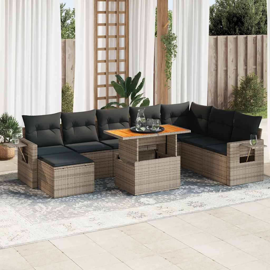 9-tlg. Garten-Sofagarnitur mit Kissen Grau Poly Rattan